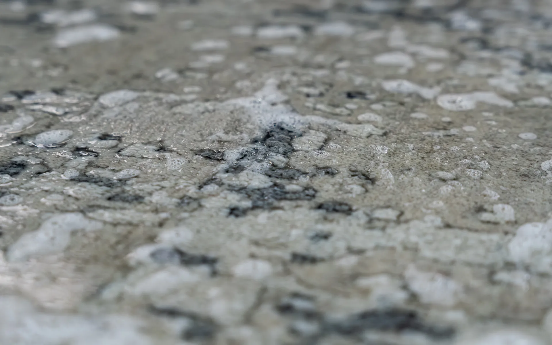 Close-up of soap foam and water droplets on the pile of a wet gray patterned rug during washing